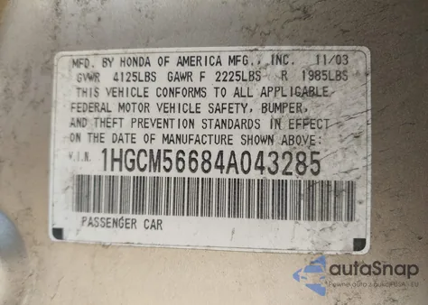 2004 Honda Accord 2.4 Ex from USA, damaged, VIN 1HGCM56684A043285